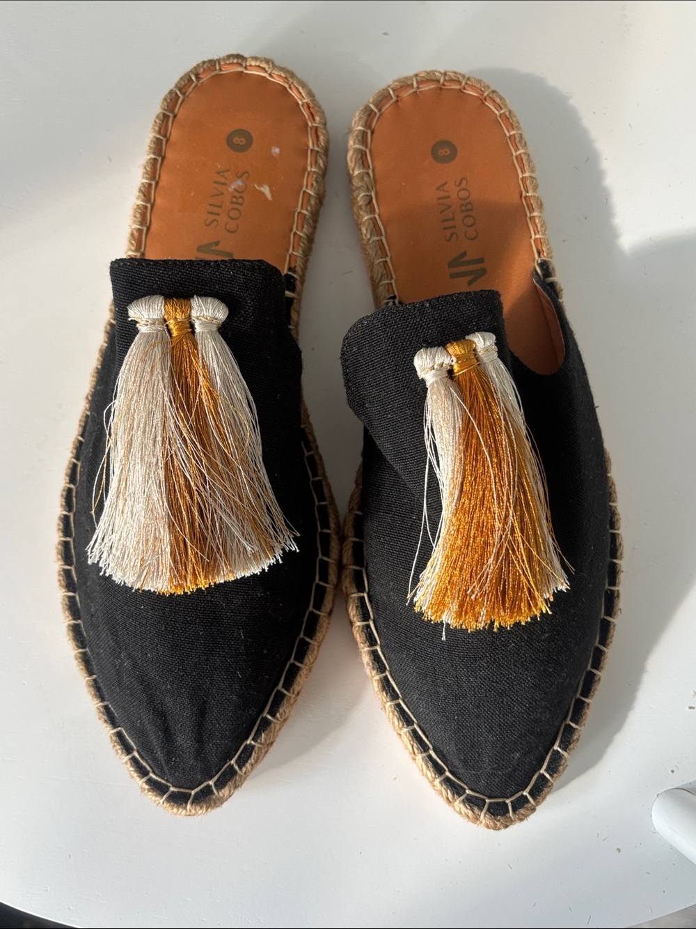 Silvia Cobos Black Tassel Espadrille Mules NWOT